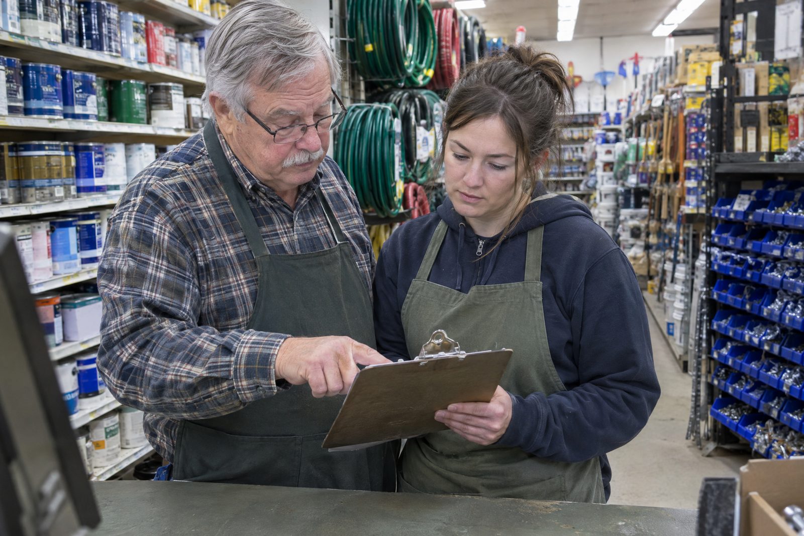 A father handing his daughter the keys in their family workshop