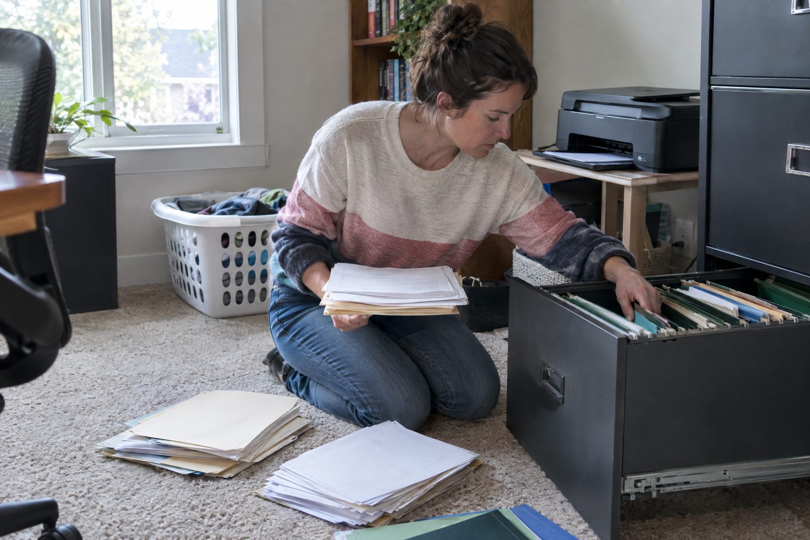 A woman sorting hanging file folders from a filing cabinet drawer