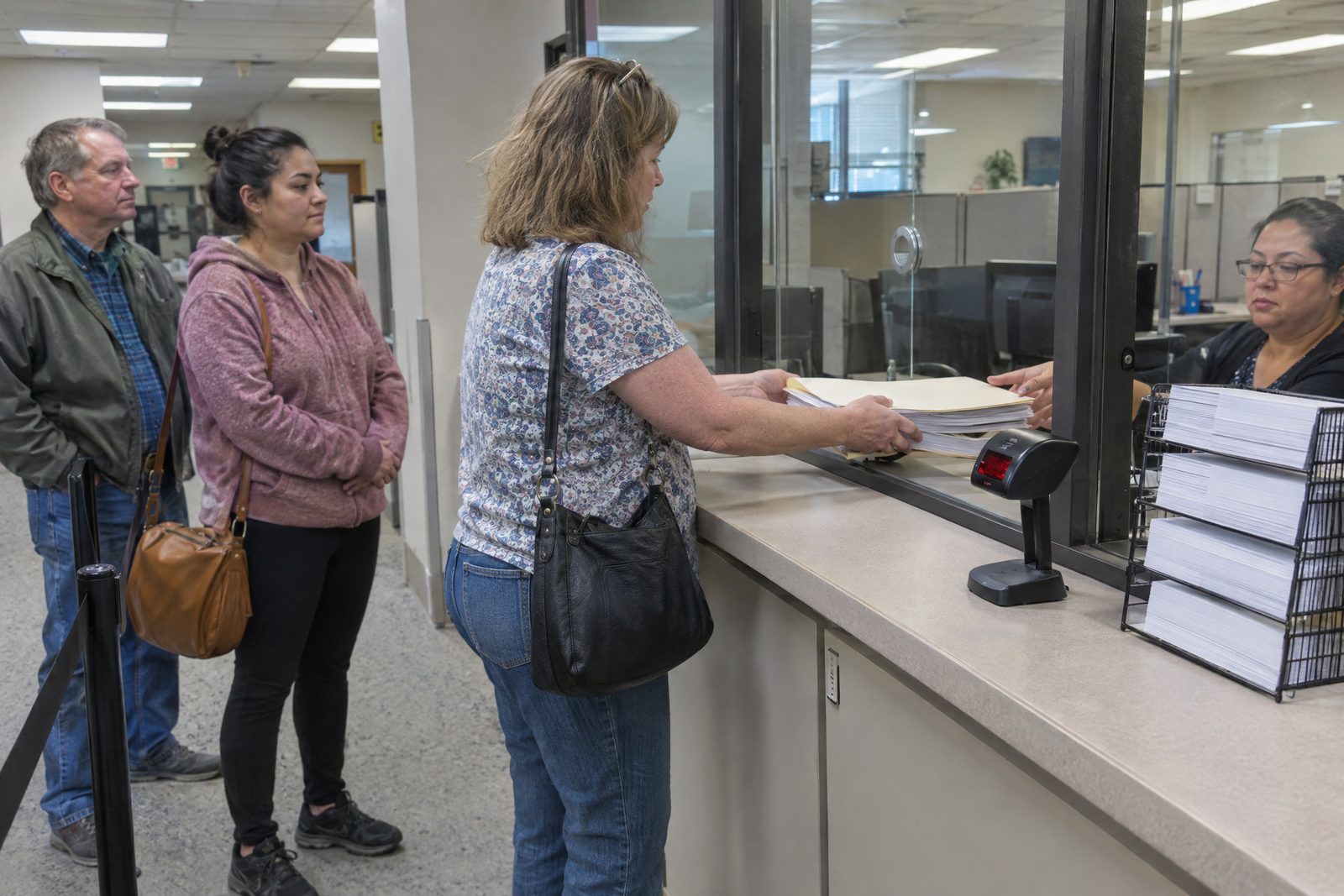 A woman handing a folder of forms to a clerk at a probate court counter