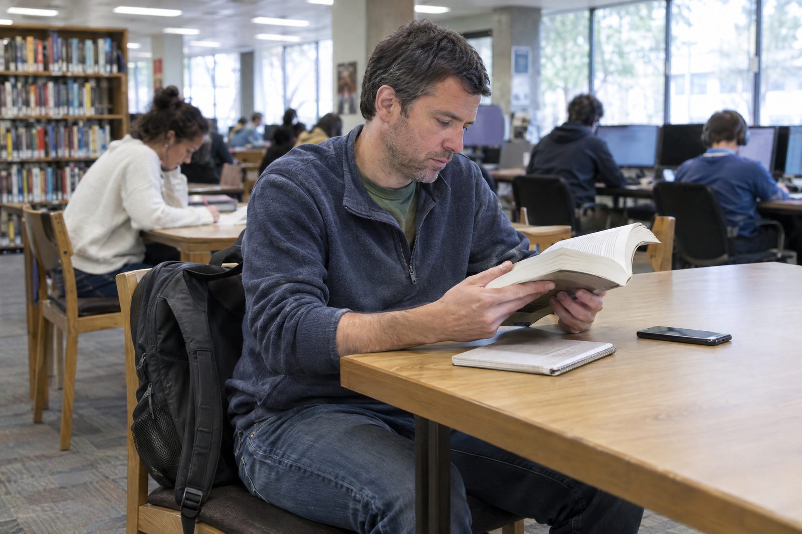 A man reading a thick guidebook at a public library table