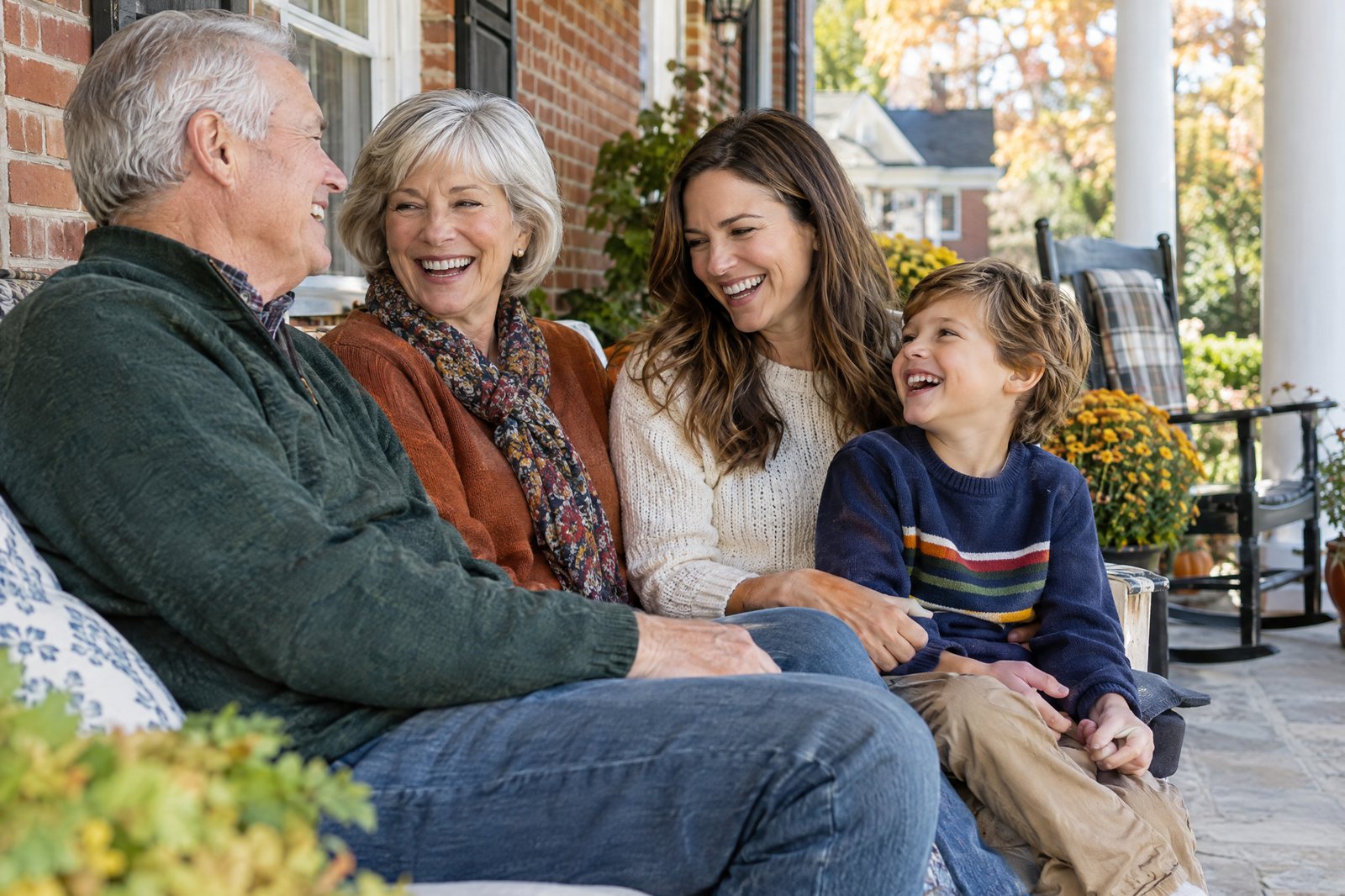 Grandparents, their daughter and grandson laughing together on the porch of a brick house