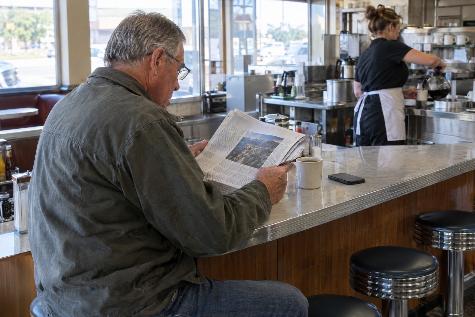A man reading the newspaper at a diner counter