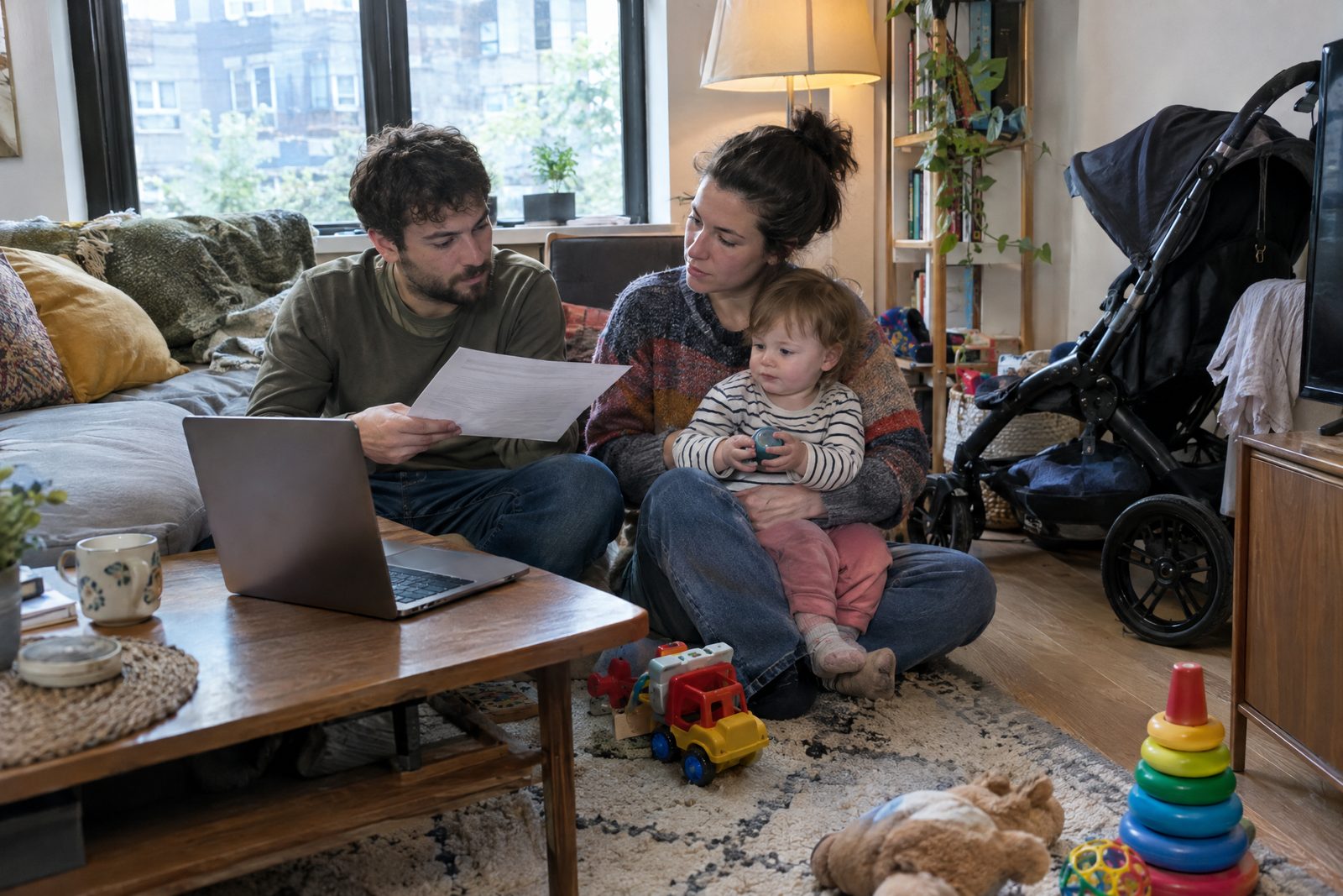 A young couple with their toddler and a laptop in their living room