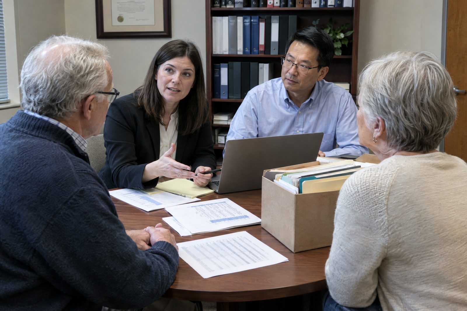 An attorney and an accountant meeting with a client couple