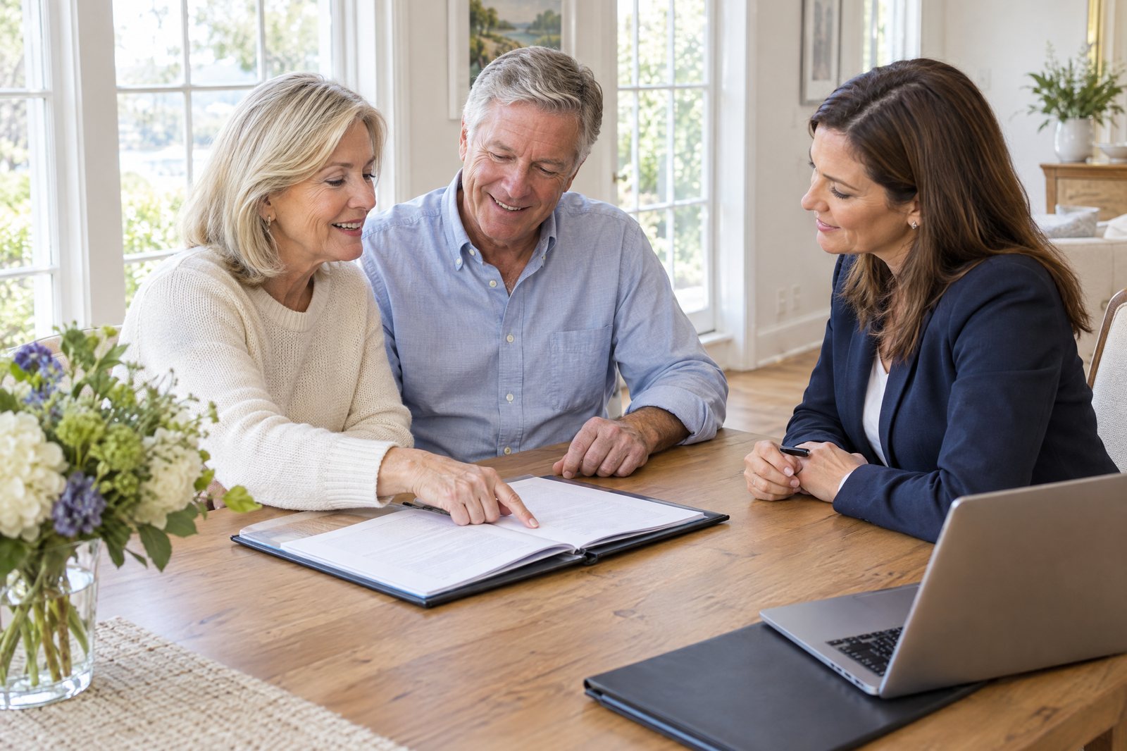 A couple going over their estate documents with their attorney at the dining table