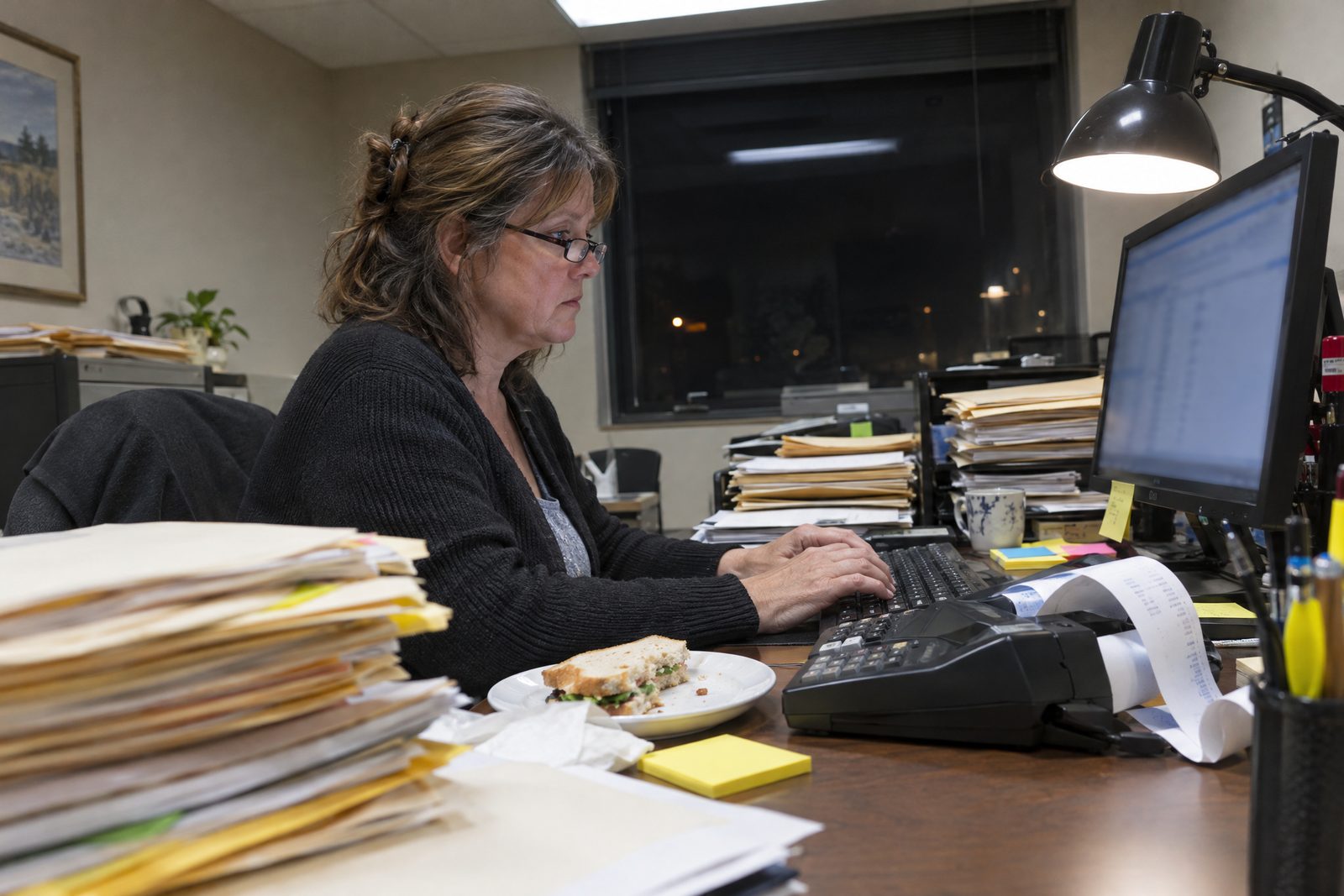 A tax preparer working late at a desk stacked with client folders