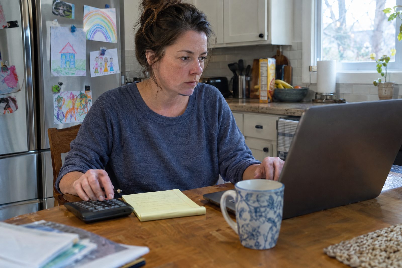 A woman working through figures with a laptop and calculator at her kitchen table